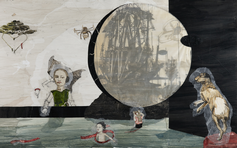 Kerstin Grimm, Paradies-Spiel, 2014, Zeichnungscollage auf Papier, 138 x 220 cm