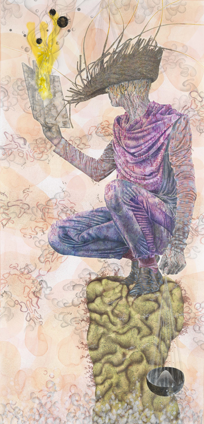 Dirk Lange, Stylit, 2018, Bleistift, Farbstift und Tusche auf Papier, 282 x 135,3 cm